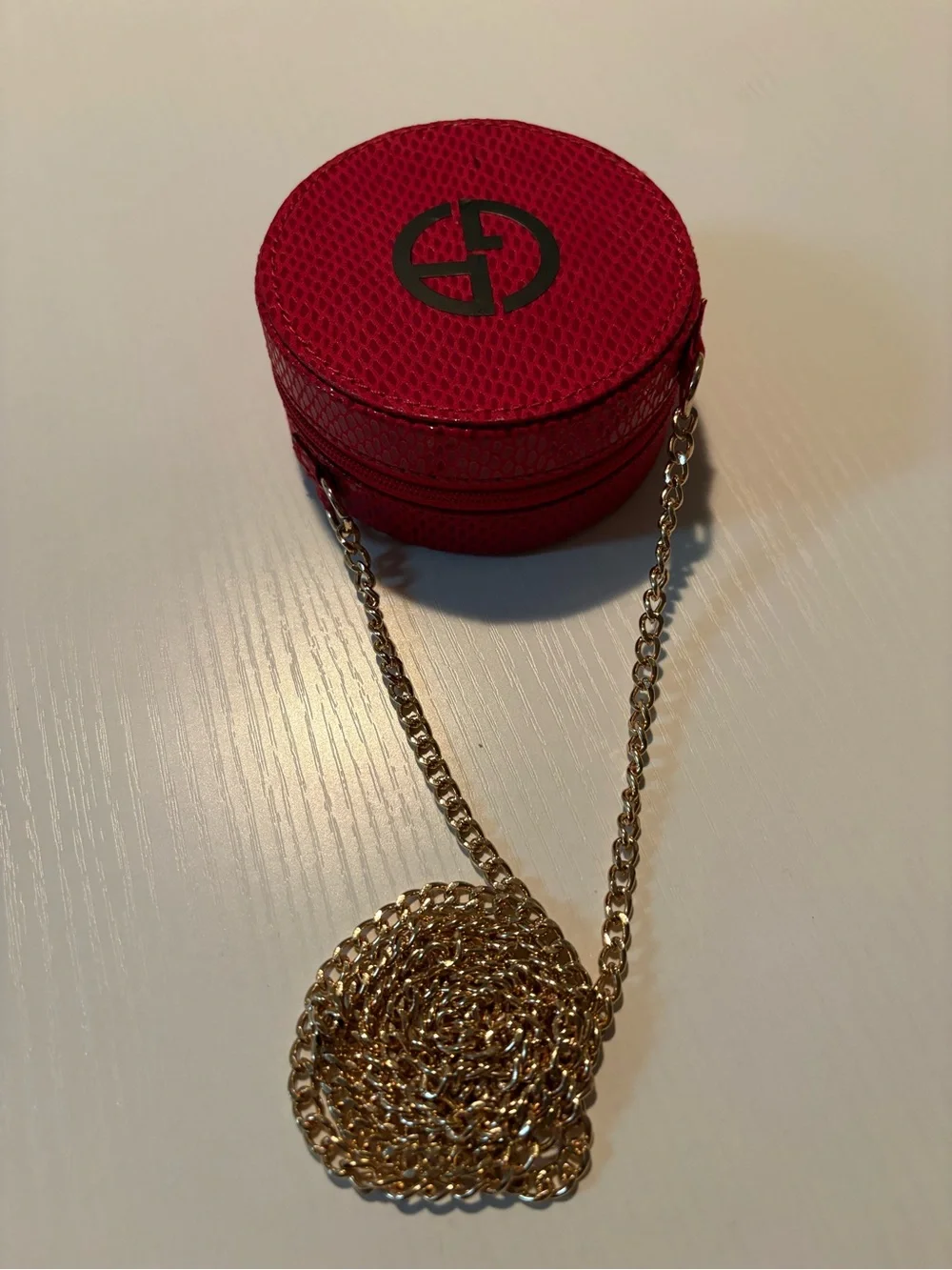 Giorgio Armani Red Round Cosmetic Case with Crossbody Chain NWOT